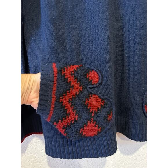 Modcloth Women's Hooded Holiday Sweater Navy Blue Red Mitten Pockets Xmas Size L - Picture 2 of 7